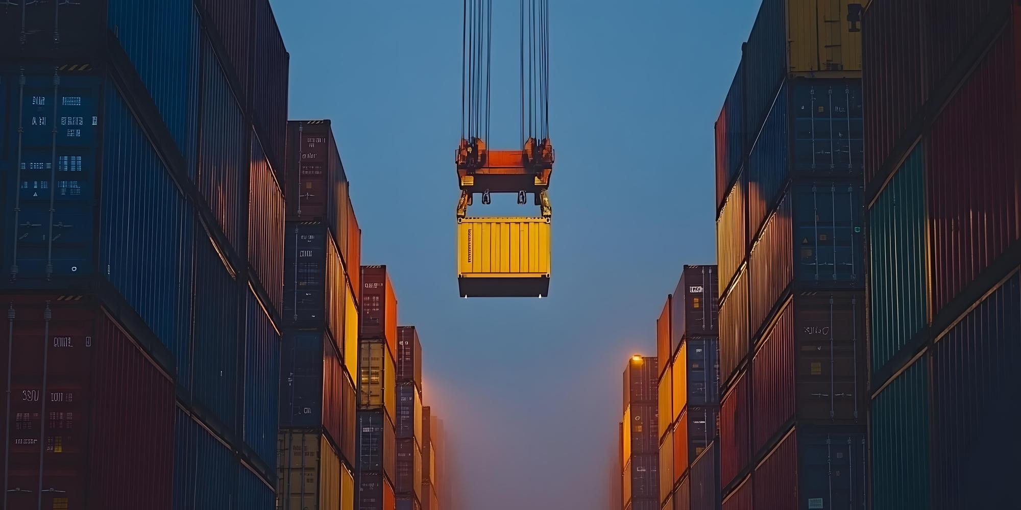 Container amarelo sendo movimentado por guindaste entre fileiras de containers no porto