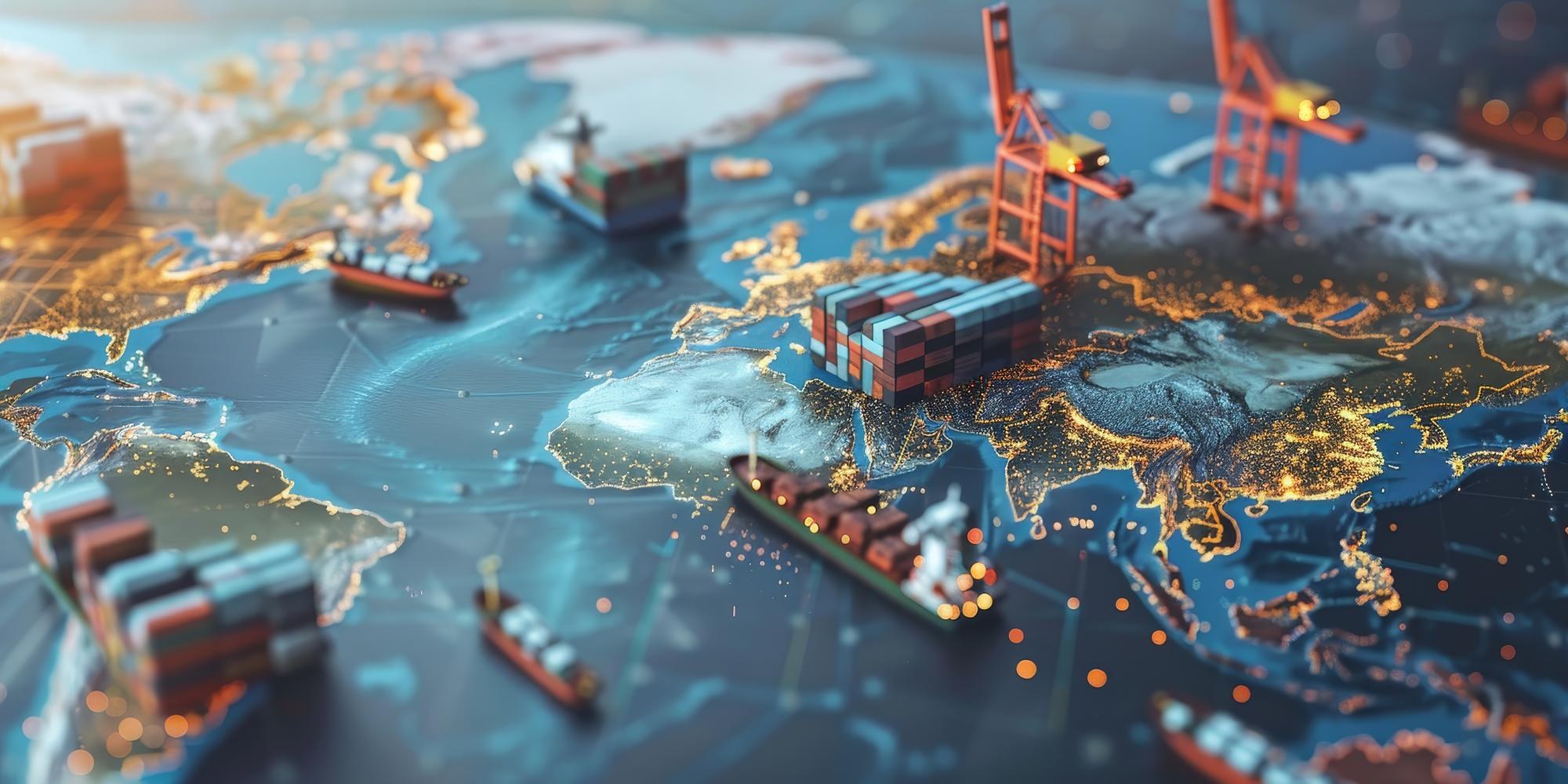 Mapa-múndi estilizado com navios porta-contêineres e portos representando rotas de comércio exterior