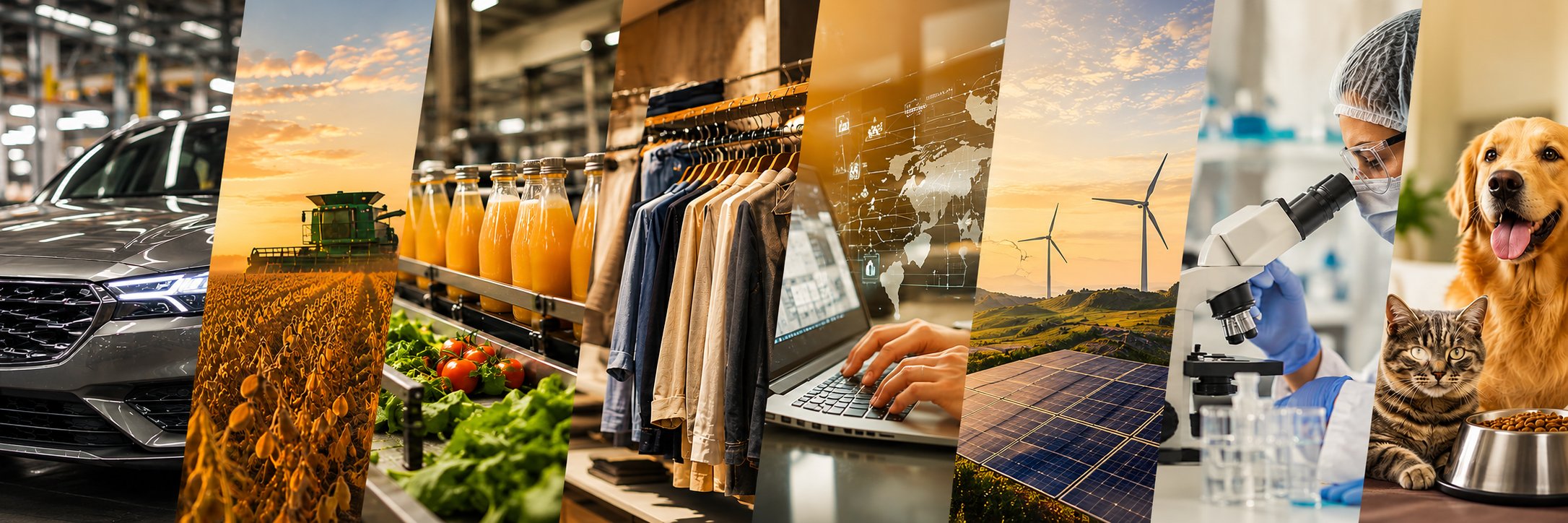 Colagem de indústrias atendidas pela TTMS: automotiva, agronegócio, alimentos e bebidas, vestuário, tecnologia, energia, farmacêutica e nutrição animal