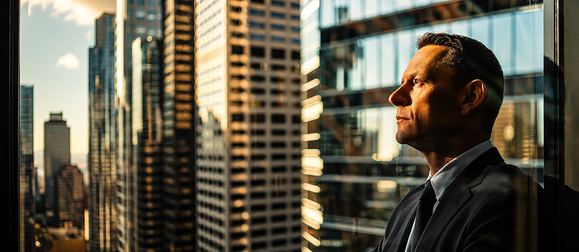 Executivo observando o horizonte corporativo, simbolizando a liderança na condução da transformação da Reforma Tributária